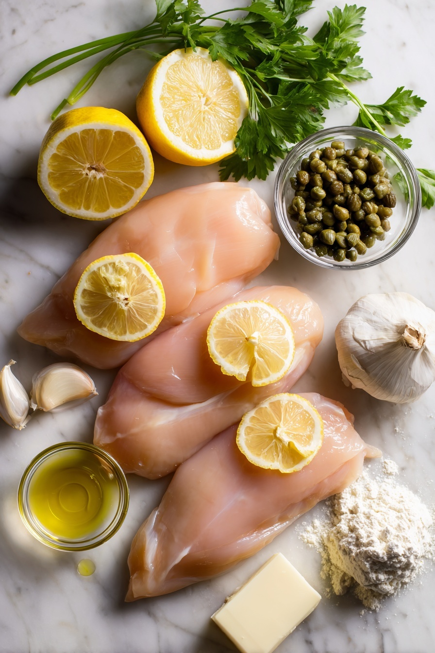 lemon chicken - Flat lay of four raw boneless, skinless chicken breasts with a smooth, pale pink surface, fresh vibrant yellow lemon slices arranged around them, small piles of bright green chopped parsley leaves, plump green capers scattered artistically, several peeled garlic cloves with their papery white skins, a small mound of fine white flour, and a few dollops of creamy pale yellow butter, all placed on white marbled surface, photo taken with an iphone --ar 2:3 --v 7