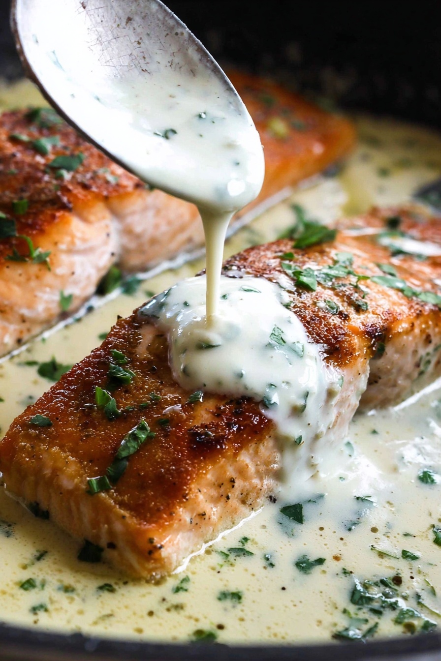 Creamy Garlic Salmon - A white plate holds three sections of food arranged side by side: a mound of smooth, white mashed potatoes with black pepper sprinkled on top on the left, a cluster of bright green steamed broccolini with a slight shine and crisp texture at the top, and a golden-brown grilled salmon fillet on the right, topped with a creamy white herb sauce sprinkled with small green parsley pieces. A silver fork rests partly on the salmon and mashed potatoes. The plate is set on a white marbled surface, with a woman's hand holding the fork. photo taken with an iphone --ar 2:3 --v 7