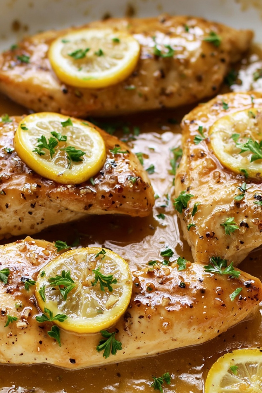 Lemon Garlic Chicken - The image shows three pieces of cooked chicken placed on a white bowl, each piece topped with a small slice of lemon. The chicken is covered with a light brown sauce that looks shiny and smooth, with bits of black pepper and small green herbs scattered on top. The sauce pools around the chicken pieces, adding a glossy finish. The background is a white marbled surface. photo taken with an iphone --ar 2:3 --v 7