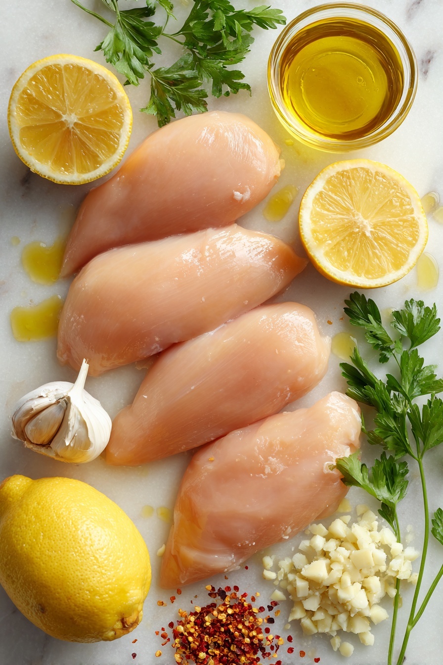 Lemon Garlic Chicken - Flat lay of four plump, raw boneless skinless chicken breasts with smooth pale pink skin, fresh bright yellow lemon halves and wedges showing juicy pulp, a small pile of finely minced white garlic cloves, a few dollops of rich golden butter, glossy green sprigs of fresh parsley, a small heap of golden honey glistening under the light, scattered red pepper flakes adding tiny red specks, and a thin stream of clear golden olive oil arranged naturally with soft shadows, placed on white marbled surface, photo taken with an iphone --ar 2:3 --v 7