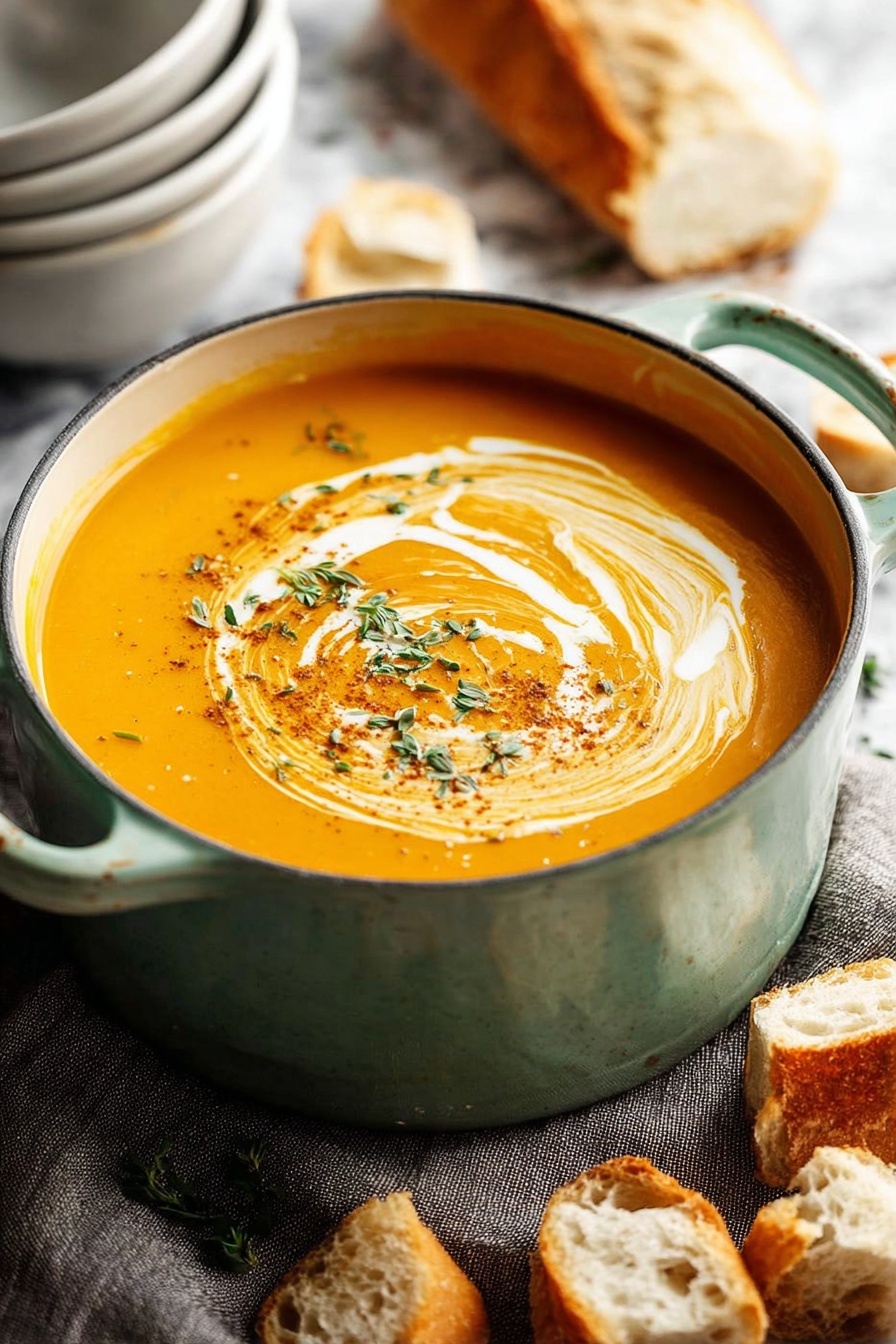 A white pot filled with smooth, thick orange soup, swirled with white cream in an artistic, curved pattern on top. The soup is sprinkled with green chopped herbs and a light dusting of reddish-brown spice. A silver spoon with a wooden handle rests inside the pot, partially submerged in the soup, showing the thick texture. The pot sits on a white marbled surface with a soft cloth nearby. Photo taken with an iphone --ar 2:3 --v 7