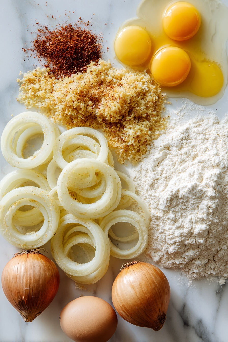 Flat lay of large yellow onions sliced into rings, a small pile of panko breadcrumbs mixed with grated parmesan cheese and paprika, a few cracked eggs with bright yolks, a heap of all-purpose flour with baking powder sprinkled on top, and a dusting of garlic powder nearby, all beautifully arranged in natural light, placed on a white marble surface, photo taken with an iphone --ar 2:3 --v 7