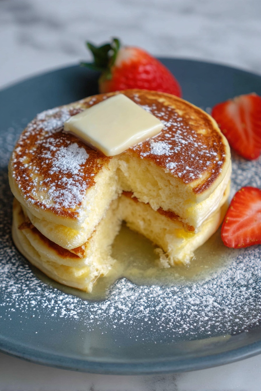 A stack of three thick golden brown pancakes sits centered on a white plate, with a square pat of melting butter on the top pancake. A small wedge is cut out, showing the soft, yellow, fluffy inside of the pancakes. There is a light dusting of powdered sugar on top and around the plate. Two halves of a red strawberry with green leaves are placed behind the pancakes. The plate rests on a white marbled surface. photo taken with an iphone --ar 2:3 --v 7