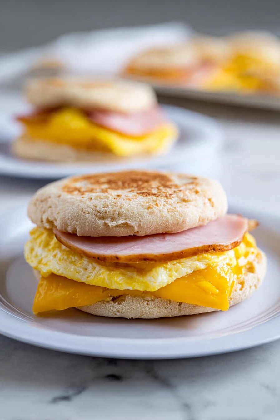 A close-up of a sandwich on a white plate resting on a white marbled surface, showing three layers: the bottom layer is a textured, light-brown English muffin, the middle layer is a folded, bright yellow cooked egg with a slightly soft texture, and the top layer is a round, pale pink slice of ham; another similar sandwich is blurry in the background. Photo taken with an iphone --ar 2:3 --v 7