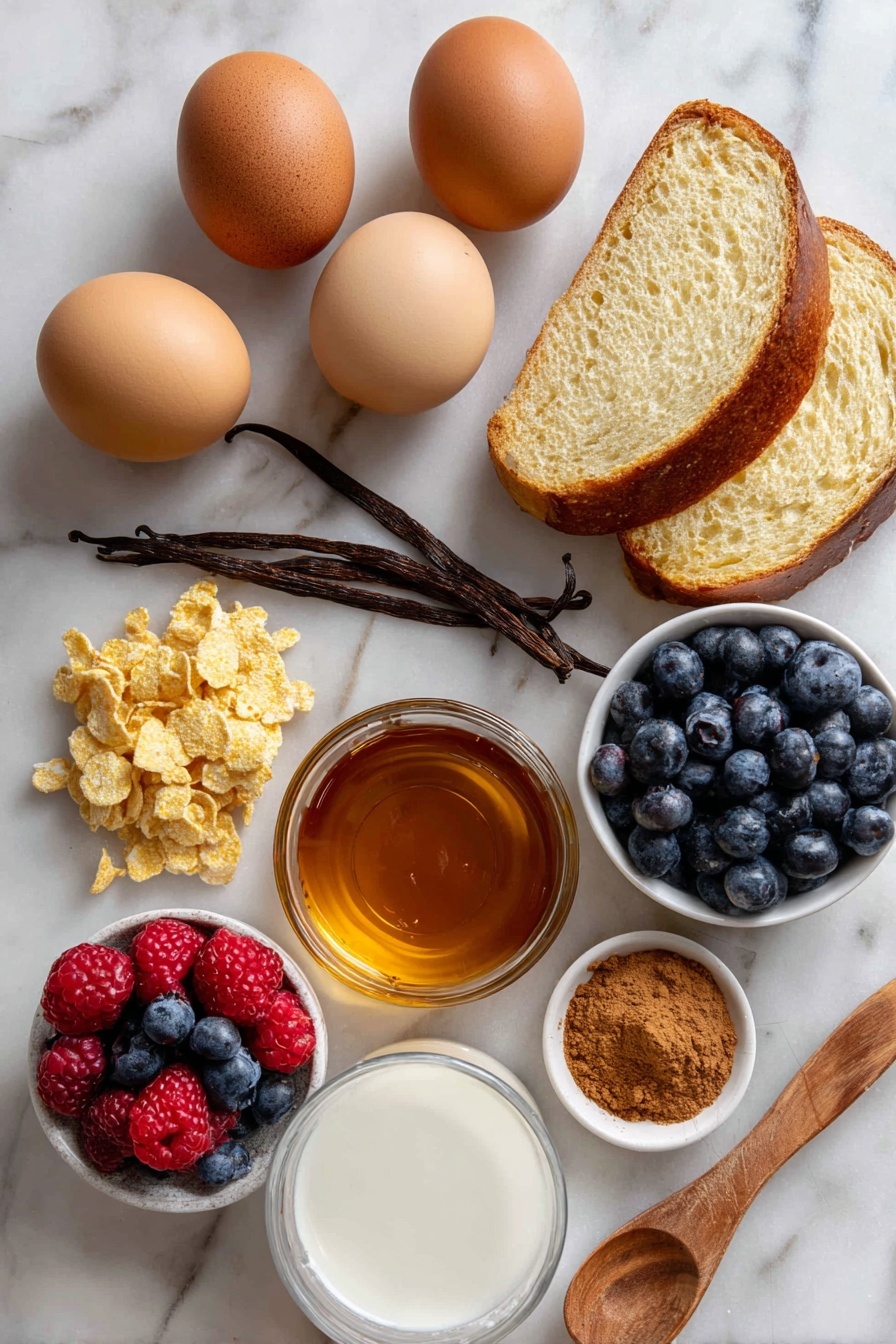 Flat lay of large eggs with smooth shells, a small glass of whole milk, golden vanilla beans alongside a small dish of vanilla extract, a wooden spoon filled with warm brown ground cinnamon, clusters of crunchy golden cornflakes, thick slices of soft brioche bread with a light golden crust, fresh mixed berries including blueberries and raspberries, and a small pot of rich amber maple syrup, placed on a white marble surface, photo taken with an iphone --ar 2:3 --v 7