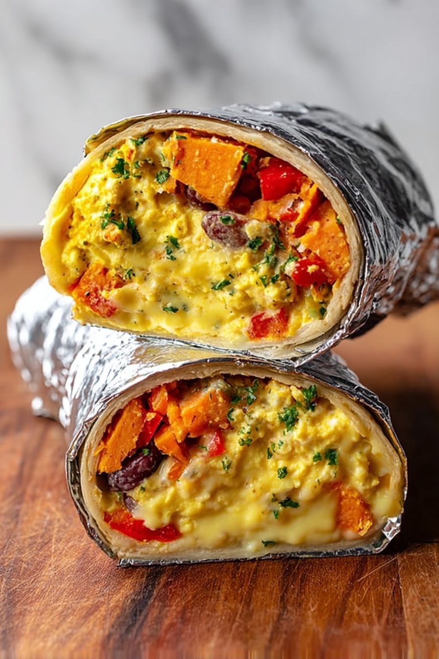 The image shows a close-up view of two halves of a wrap stacked on top of each other, wrapped in shiny foil. Each half reveals multiple layers inside a soft tortilla: the outermost layer is creamy yellow scrambled eggs with a slightly glossy texture, topped with small bits of chopped green herbs sprinkled evenly. Underneath, there are chunks of orange sweet potatoes, pieces of red bell pepper, and brown beans visible, creating a colorful mix of textures and colors. The wrap rests on a brown wooden surface, with the background changed to a white marbled texture. Photo taken with an iphone --ar 2:3 --v 7