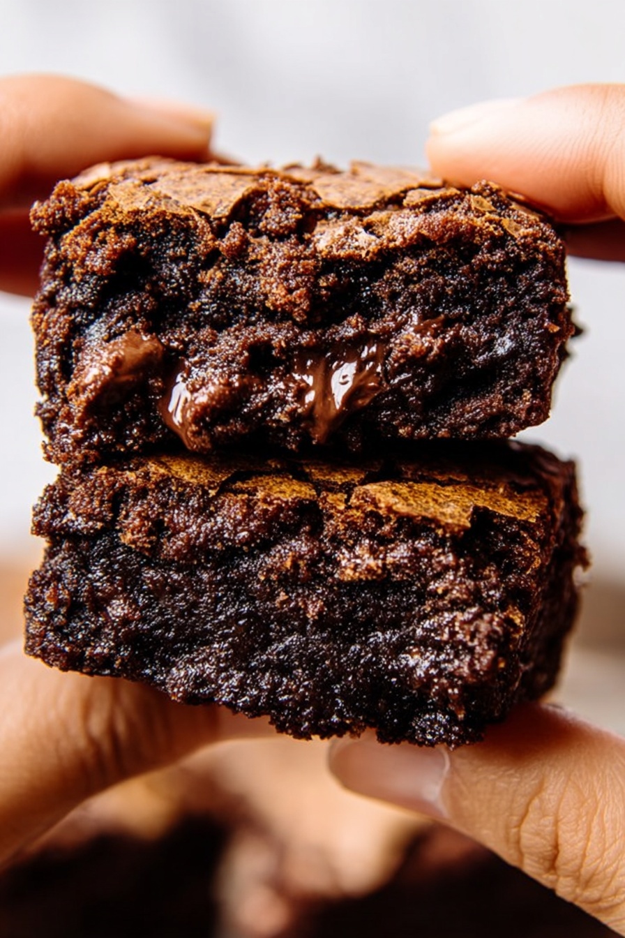 A close-up image of a dark brown brownie held between two woman's hands, showing a cracked and crisp top layer with a soft and moist inside that is melting slightly, revealing rich, gooey chocolate texture with a few visible chocolate bits inside. The background is blurred but shows more brownies with similar texture on a white marbled surface. photo taken with an iphone --ar 2:3 --v 7