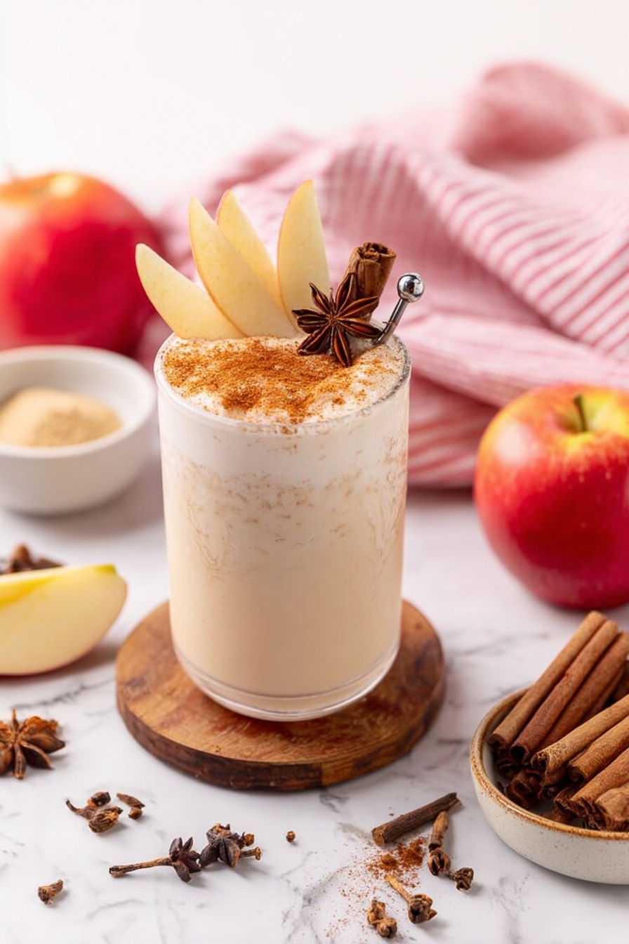 A tall clear glass filled with a creamy light beige drink that has a frothy texture on top. The top layer is garnished with a dusting of cinnamon powder, a whole cinnamon stick standing vertically on one side, and three thin slices of apple fanned out on the other side. A silver spoon holding a scoop of the frothy top is placed on the rim of the glass. The glass sits on a round wood coaster on a white marbled surface. Around the glass are a few star anise pieces, several whole apples, some apple slices, a white jar with a wooden lid, and a pink and white striped cloth in soft focus. Photo taken with an iphone --ar 2:3 --v 7