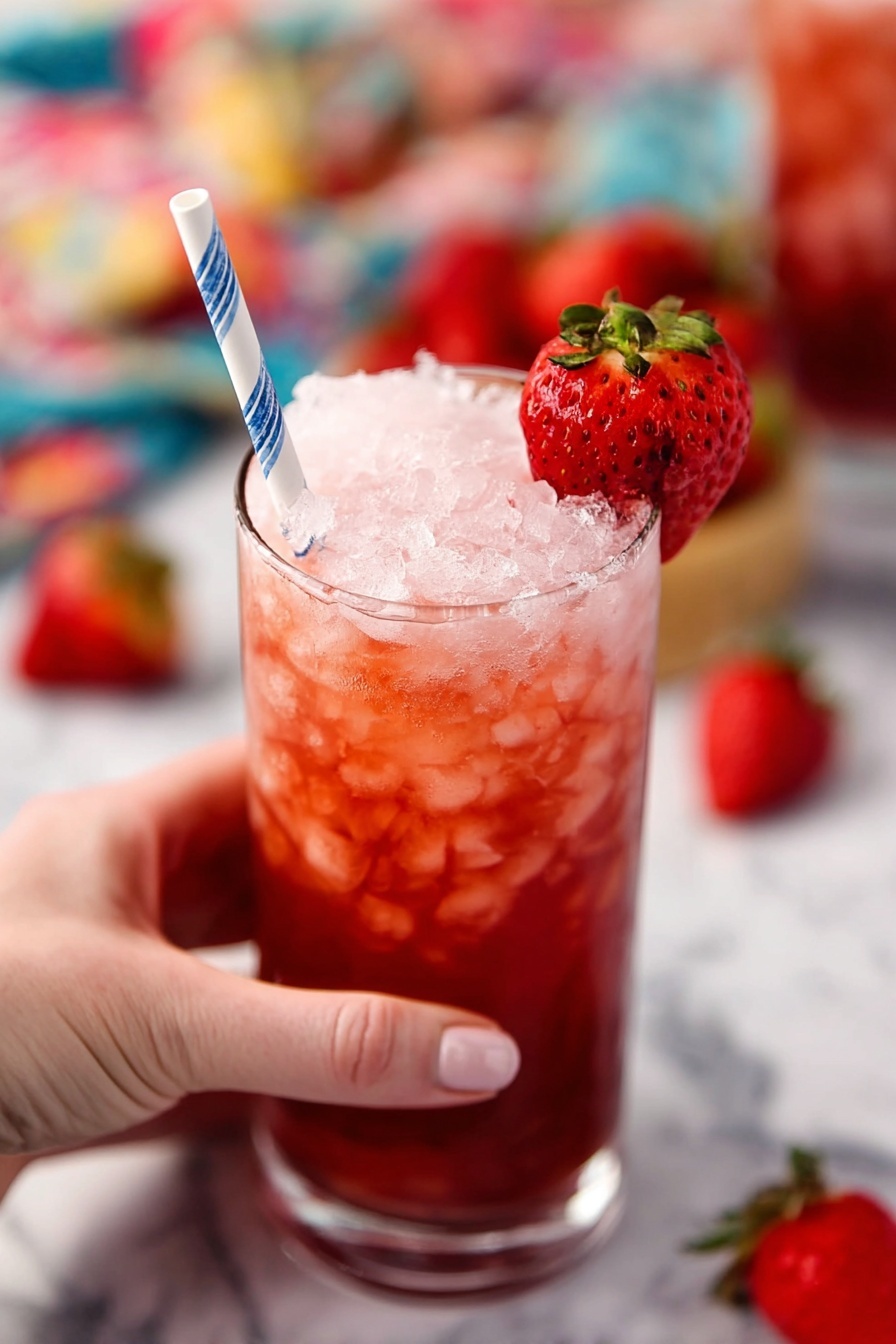 A clear tall glass filled with two main layers: the bottom layer is a deep red strawberry liquid, and the top layer is a lighter pink mix with crushed ice covering the surface. A half-sliced bright red strawberry with its green top is placed on the rim of the glass alongside a white and blue striped paper straw. A woman's hand holds the glass from the side. The glass is set against a white marbled background with blurred strawberries and other glasses in the background. photo taken with an iphone --ar 2:3 --v 7