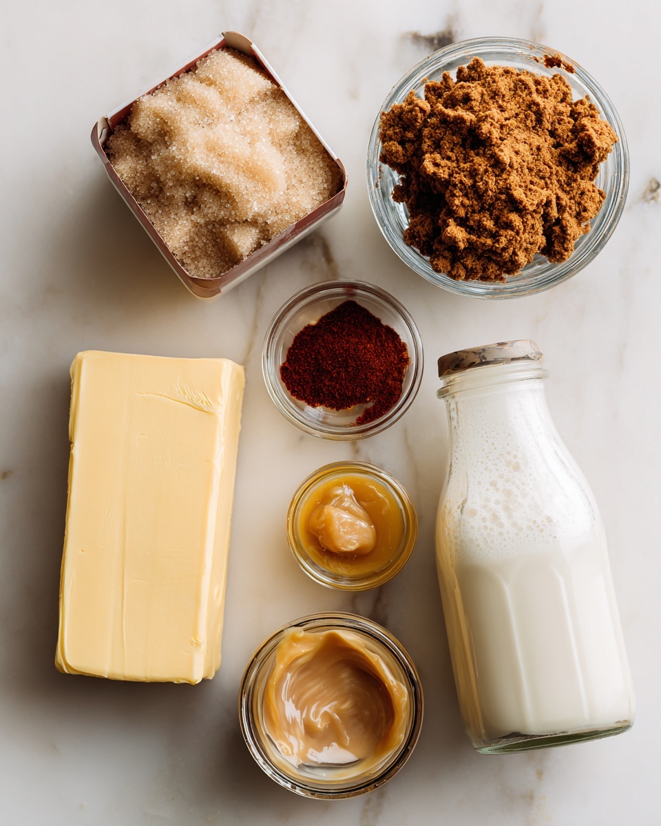 Flat lay of a rich slab of unsalted butter, a heaping pile of packed brown sugar, a box of butterscotch instant pudding mix, a small jar of golden vanilla extract, a dollop of amber ginger paste, a pinch of bright red cayenne powder, a tall glass bottle of cream soda with bubbles visible inside, and a splash of creamy whole milk, all beautifully arranged on a white marble surface, photo taken with an iphone --ar 2:3 --v 7
