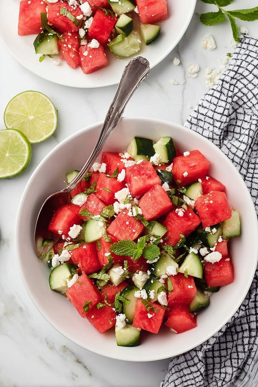 The image shows a spoonful of fresh watermelon salad held above a white bowl with a white marbled surface in the background. The salad has three main layers: bright red watermelon cubes at the base, small chunks of cucumber with dark green skin, and white crumbly cheese scattered on top. Green mint leaves are mixed in, adding a touch of fresh green to the colors. The salad looks juicy and fresh with contrasting textures and colors that stand out clearly. Photo taken with an iphone --ar 2:3 --v 7