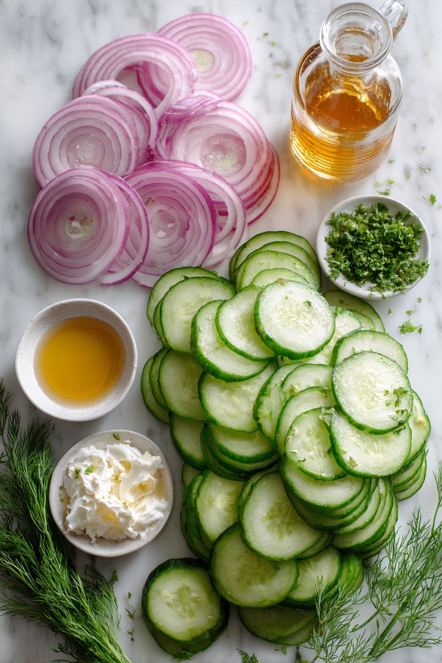 Flat lay of thinly sliced English cucumbers arranged in neat overlapping layers, delicate rings of vibrant red onion fanned out beside them, a small pile of fresh bright green dill sprigs, a handful of finely chopped fresh parsley scattered gracefully, a golden pool of honey catching the light, a dollop of creamy white Miracle Whip, glistening minced garlic pieces, and a clear glass bottle of amber apple cider vinegar standing tall, all beautifully arranged on a white marble surface, photo taken with an iphone --ar 2:3 --v 7