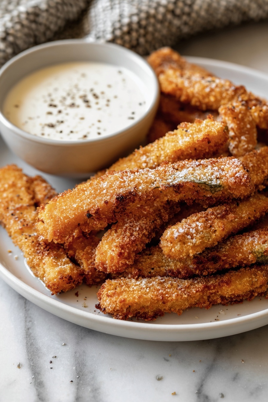 A white round plate holds a stack of golden brown fried sticks with a crunchy coating, lightly sprinkled with white powder. To one side of the plate, there is a small round white dish filled with a creamy white dipping sauce with specks of black pepper. The plate sits on a white marbled surface with a textured cloth in the background. The fried sticks vary slightly in size and are piled loosely, showing a rough and crispy texture. Photo taken with an iphone --ar 2:3 --v 7