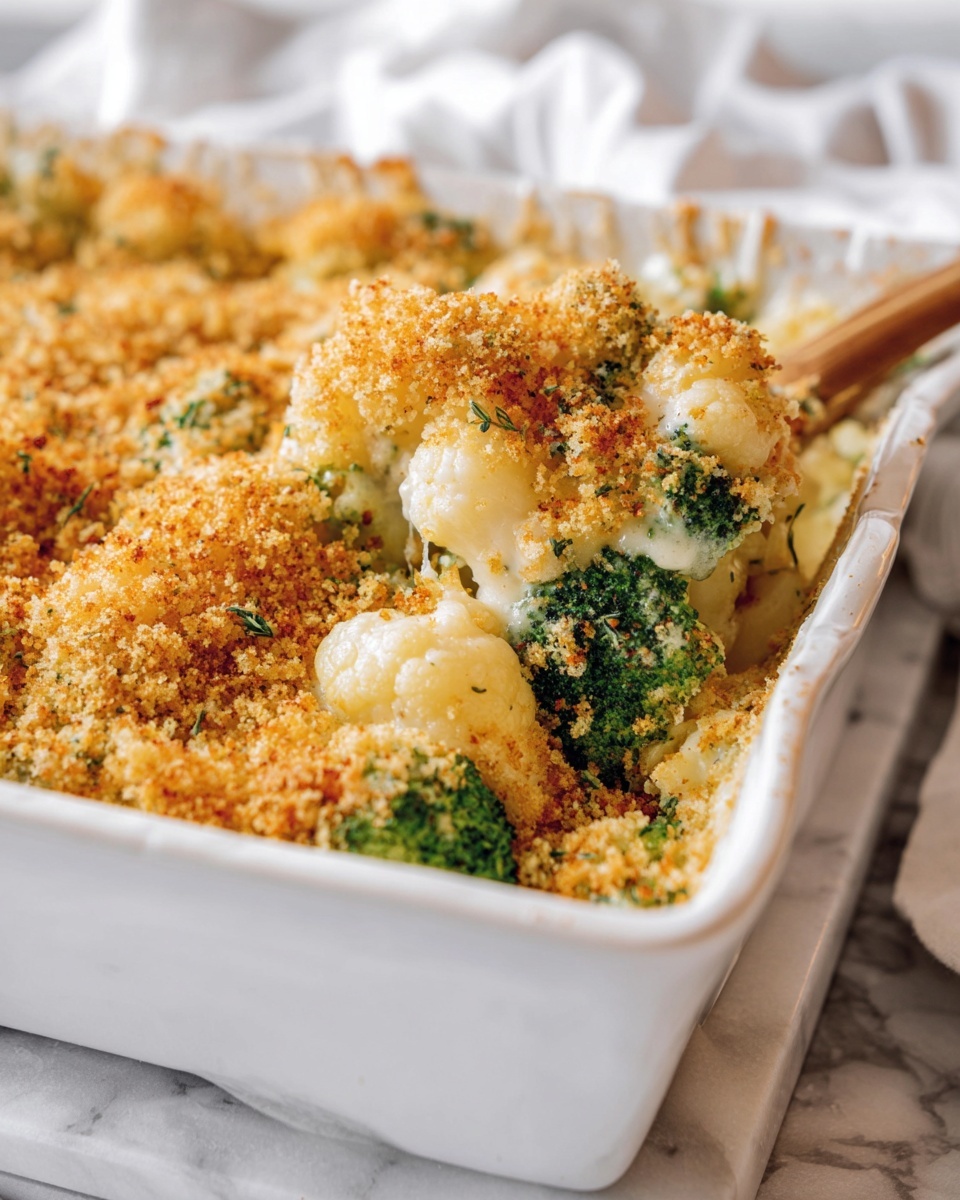 A close-up view shows a fork holding a bite of macaroni and cheese with a crispy, golden crumb topping and tiny green herb leaves scattered on it. The macaroni is creamy yellow with a crunchy golden layer on top. The bite is lifted over a white plate with a ridged edge, where the same dish with broccoli pieces and the crumb topping is visible. The background has a white marbled texture with blurred parts of the casserole dish and some green herbs. Photo taken with an iphone --ar 2:3 --v 7