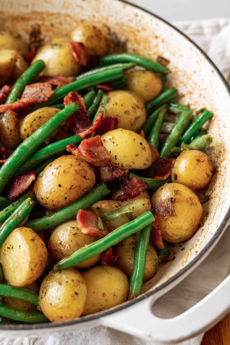 A close-up image of a white pan filled with cooked small golden potatoes cut in halves, bright green beans, and crispy brown bacon pieces, all mixed together. The potatoes have a slightly shiny texture with some seasoning, the green beans are fresh and firm looking, and the bacon adds a contrasting darker reddish-brown color throughout. The white pan has a slightly stained interior from cooking, resting on a white marbled surface with a light cloth nearby. Photo taken with an iphone --ar 2:3 --v 7