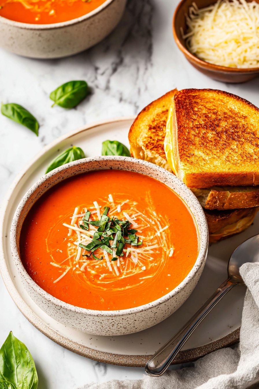 A white speckled round plate holds a beige bowl filled with smooth, bright orange tomato soup. The soup has a swirl of cream and is topped with a small pile of shredded white cheese and fresh green basil leaves in the center. The bowl sits on the right side of the plate, while two toasted golden-brown grilled cheese sandwiches are placed stacked slightly overlapping on the left side. Fresh green basil leaves are scattered on the white marbled surface around the plate, alongside a light gray cloth napkin. In the background, there is a brown bowl with more shredded cheese. Photo taken with an iphone --ar 2:3 --v 7
