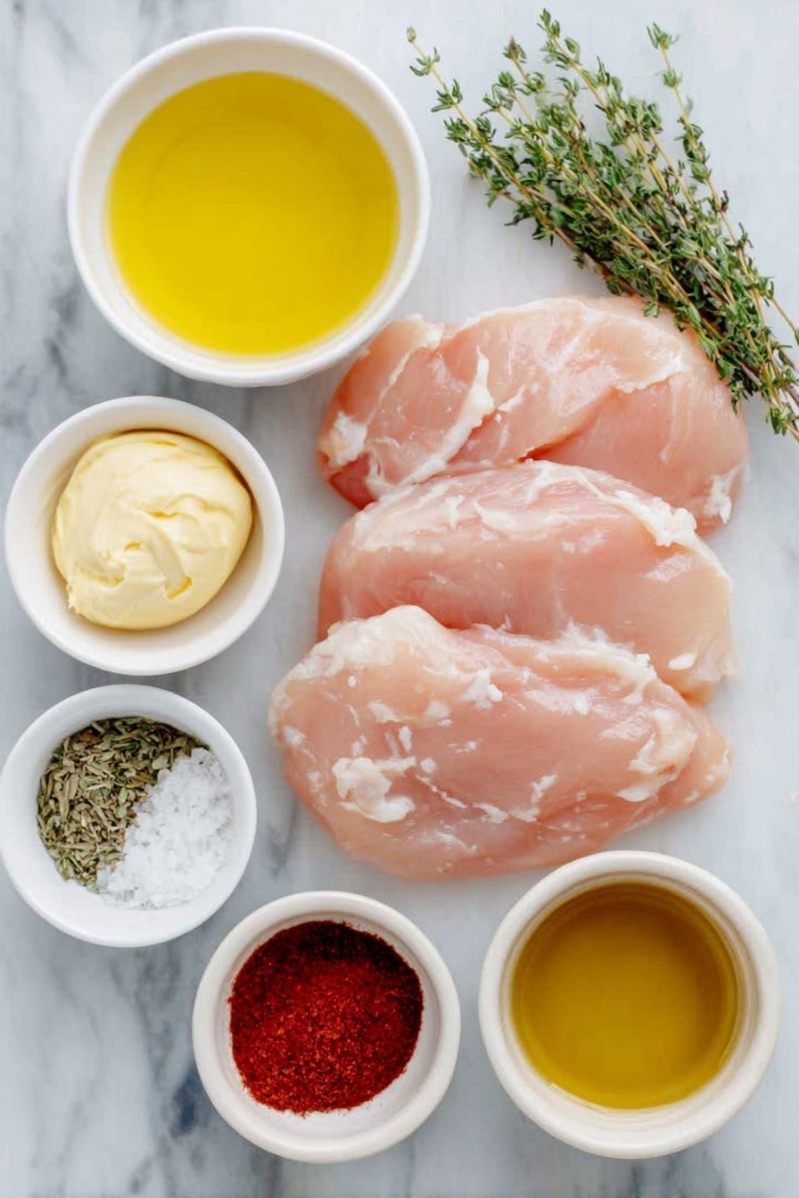 Flat lay of four raw boneless skinless chicken breast thin cutlets arranged neatly, a small white bowl of fresh bright yellow lemon juice, a small white bowl filled with golden canola oil, a small white bowl with smooth amber honey, a small white bowl containing creamy pale yellow dijon mustard, a small white bowl holding deep red smoked paprika powder, a small white bowl of dried thyme leaves, a small white bowl of white salt crystals, and a small white bowl of coarse black peppercorns, all placed on a clean white marble surface, soft natural light, photo taken with an iPhone, professional food photography style, fresh ingredients, white ceramic bowls, no bottles, no duplicates, no utensils, no packaging --ar 2:3 --v 7 --p awthu7i m7354615311229779997