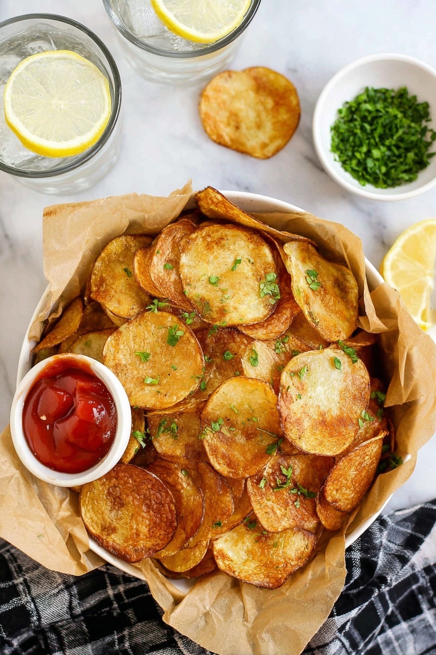 A white bowl lined with brown parchment paper is filled with many crispy, golden-brown potato chips that have small green parsley leaves scattered on top. Next to the bowl, there is a small white bowl with red ketchup and one potato chip dipped in it, and a smaller white bowl filled with chopped green herbs. In the upper left part of the image, there are two clear glasses with ice cubes and lemon slices inside them. The background and surface are a white marbled texture, and a black and white checkered cloth is partially visible under the bowl. photo taken with an iphone --ar 2:3 --v 7