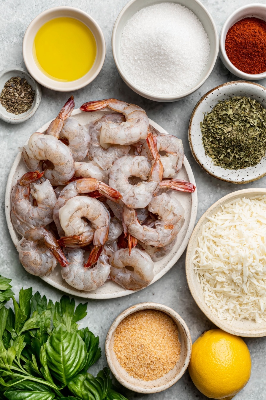 Flat lay of a small white ceramic bowl of golden olive oil, a small white ceramic bowl of bright yellow lemon juice, a cluster of large raw shrimp with tails on, peeled and deveined, a small white ceramic bowl filled with fine white cornstarch, a small white ceramic bowl holding vibrant red chili powder, a small white ceramic bowl of coarse white salt, a small white ceramic bowl of dried green basil leaves, a small white ceramic bowl of cracked black pepper, a small white ceramic bowl of warm brown cumin powder, a small white ceramic bowl filled with light golden panko breadcrumbs, a small white ceramic bowl with fluffy white and slightly golden sweetened shredded coconut flakes, three large whole eggs with clean shells, and a few sprigs of fresh green parsley placed naturally — all arranged symmetrically and balanced, placed on a clean white marble surface, soft natural light, photo taken with an iPhone, professional food photography style, fresh ingredients, white ceramic bowls, no bottles, no duplicates, no utensils, no packaging --ar 2:3 --v 7 --p awthu7i m7354615311229779997