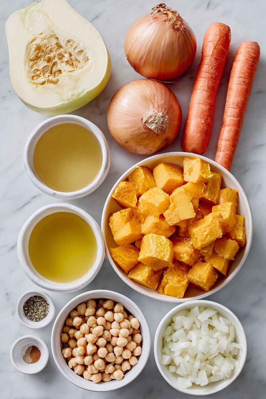 Flat lay of a medium yellow onion sliced in half showing fresh layers, three peeled and freshly chopped medium carrots, a medium butternut squash cut into bright orange one-inch cubes, a large peeled Granny Smith apple quartered, two simple white ceramic bowls each filled with clear low sodium vegetable broth, small white ceramic bowls containing ground cinnamon and ground nutmeg powders, a small white bowl with glossy amber maple syrup, a small white bowl filled with coarse salt, a small white bowl of freshly ground black pepper, a small white ceramic bowl with raw dried chickpeas, a small white bowl holding golden olive oil, and a small white bowl with rich brown sugar placed symmetrically on a clean white marble surface, soft natural light, photo taken with an iPhone, professional food photography style, fresh ingredients, white ceramic bowls, no bottles, no duplicates, no utensils, no packaging --ar 2:3 --v 7 --p awthu7i m7354615311229779997