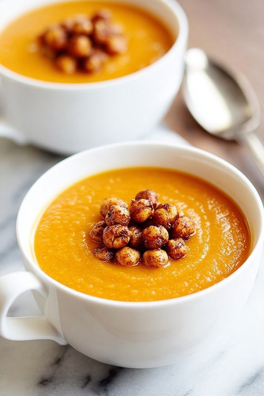 Two white bowls filled with a thick, smooth orange soup sit on a white marbled surface. Each bowl has a single layer of crunchy, browned chickpeas piled at the center of the soup, showing a mix of golden and dark brown colors. Nearby, a white cloth with red stripes is partially visible and scattered with more browned chickpeas. The overall look is warm and inviting. photo taken with an iphone --ar 2:3 --v 7