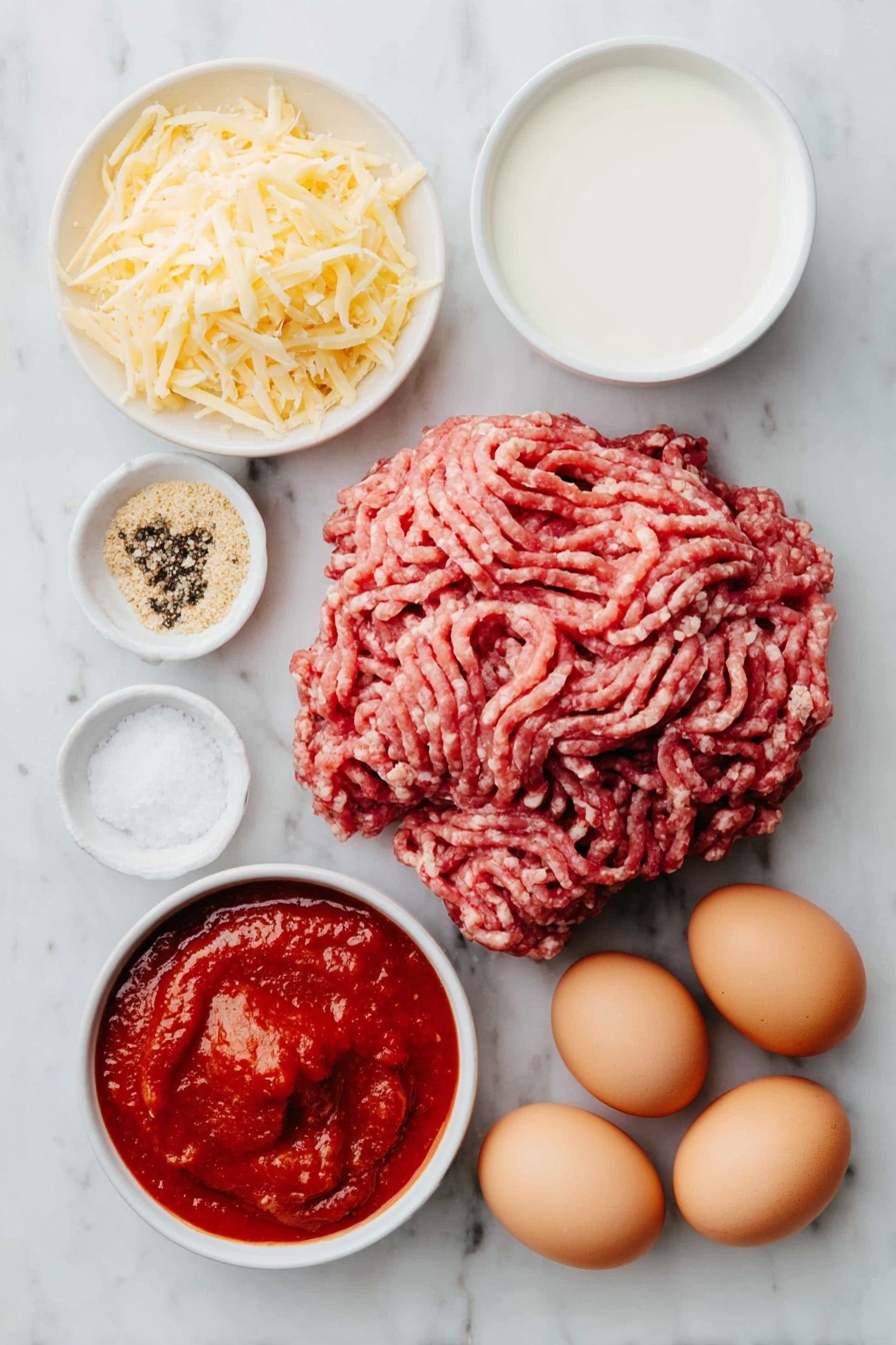 Flat lay of fresh ground beef formed into a rough mound, plump Italian sausage links with casings removed and rustic texture, four whole uncracked brown eggs, a small mound of Italian seasoned breadcrumbs, a small pile of shredded Parmesan cheese, a small white ceramic bowl filled with creamy milk, a small white ceramic bowl holding fine salt crystals, a small white ceramic bowl with coarse black pepper, a small white ceramic bowl containing garlic powder, and a simple white ceramic bowl filled with vibrant red marinara pasta sauce, all arranged symmetrically and naturally with perfect proportions, placed on a clean white marble surface, soft natural light, photo taken with an iPhone, professional food photography style, fresh ingredients, white ceramic bowls, no bottles, no duplicates, no utensils, no packaging --ar 2:3 --v 7 --p awthu7i m7354615311229779997