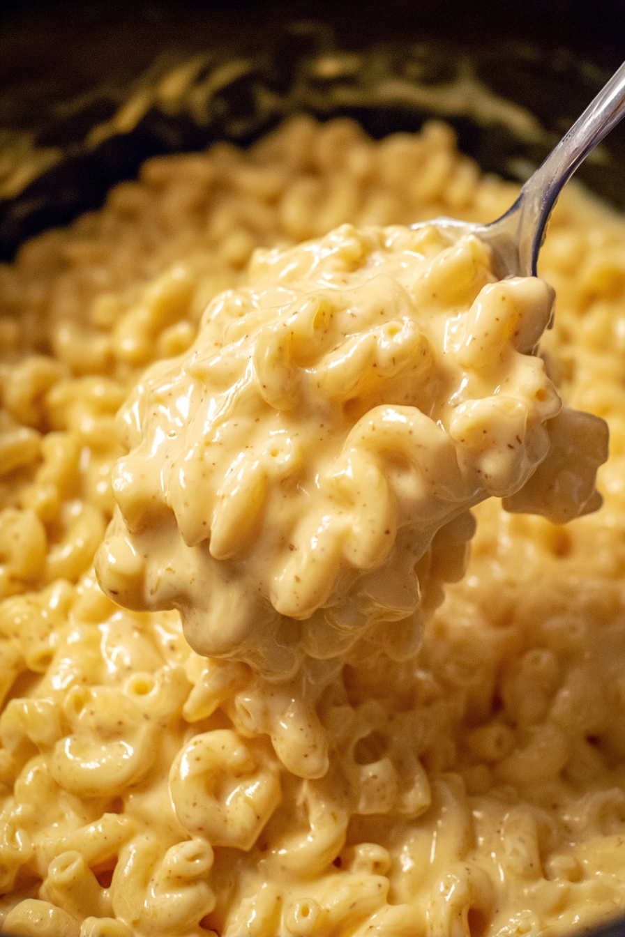 This image shows a close-up of a creamy macaroni and cheese dish. The macaroni is covered in a thick, smooth cheese sauce that is light yellow with tiny specks of black pepper scattered throughout. The elbow-shaped pasta curls are well coated and almost blend into the cheese sauce, making the whole dish look soft and rich. A metal spoon is dipping into the macaroni, lifting a scoop of the cheesy pasta with some sauce clinging to the sides of the spoon. The background is slightly blurred but has a white marbled texture visible behind the dish. photo taken with an iphone --ar 2:3 --v 7
