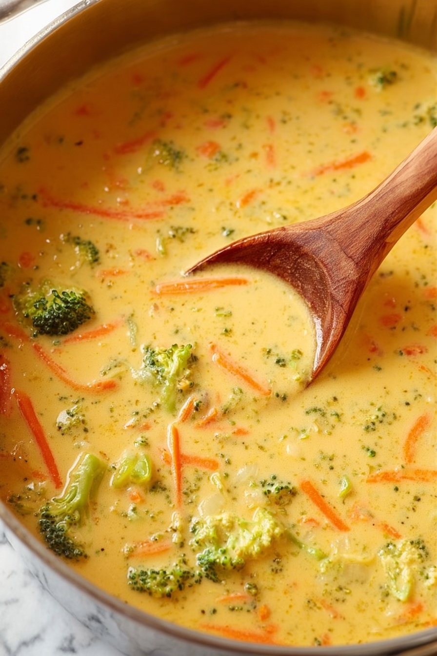 A creamy orange-yellow soup filled with small green broccoli florets and thin, bright orange carrot strips spread evenly throughout. The soup has a smooth and thick texture with visible small bits of onions, all in a large metal pot. A wooden spoon is partially submerged in the soup, scooping up some of it. The background surface is a white marbled texture. photo taken with an iphone --ar 2:3 --v 7