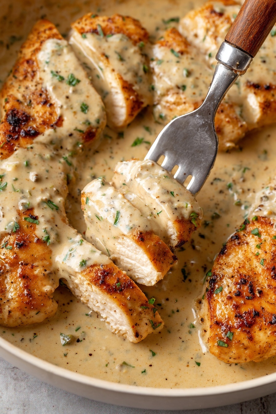 creamy ranch chicken - The image shows several pieces of golden-brown cooked chicken with a creamy light beige sauce covering and surrounding them. The chicken pieces have a smooth but slightly textured surface with visible seasoning of black pepper and small green herb bits sprinkled on top. Some chicken slices are whole and thick, while others are sliced into strips on the lower right side. The sauce looks thick and creamy with bits of herbs mixed in, pooling around the chicken in a shallow white pan. The whole scene sits on a white marbled background. photo taken with an iphone --ar 2:3 --v 7