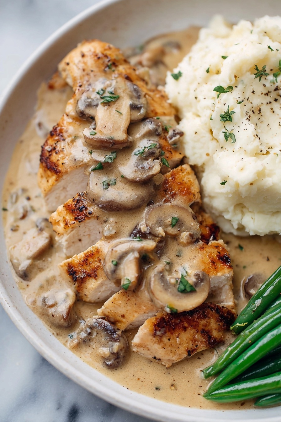 Creamy Mushroom Chicken - The image shows four cooked golden-brown chicken pieces covered with a thick, creamy mushroom sauce. The sauce has a light beige color with visible slices of mushrooms and small bits of black pepper. The chicken and sauce fill the frame, giving a close-up view of the texture, with fresh green herb bits sprinkled on top for contrast. The background is a white marbled texture. Photo taken with an iphone --ar 2:3 --v 7