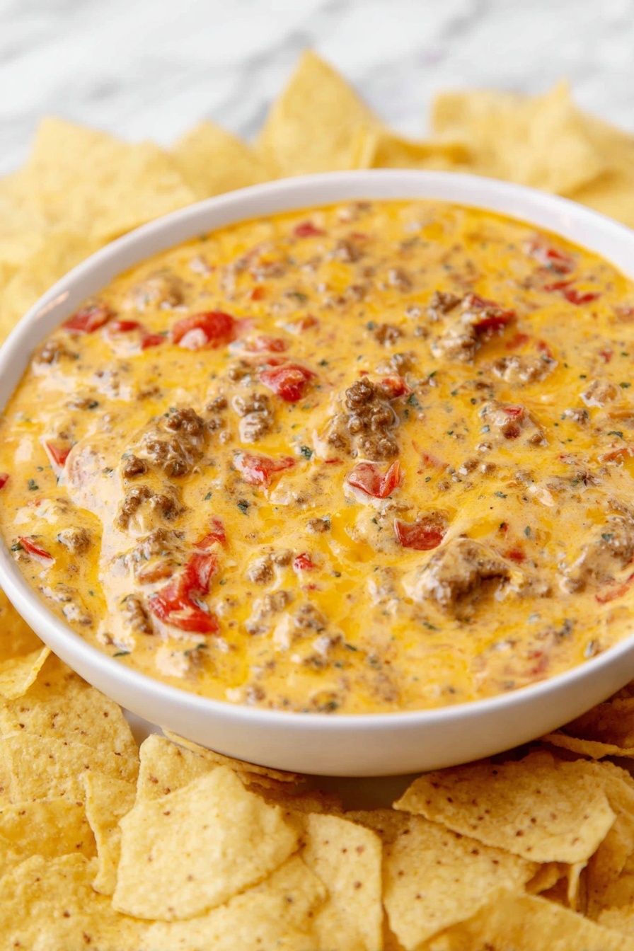 A white shallow bowl filled with a creamy, orange-yellow cheesy dip mixed with small pieces of brown cooked ground meat and red tomato chunks evenly spread throughout. The dip looks smooth with some small air bubbles visible on the surface. Around the bowl, there are light tan tortilla chips that have a slightly rough texture. The bowl sits on a white marbled surface with a white cloth in the background that has yellow stripes. photo taken with an iphone --ar 2:3 --v 7
