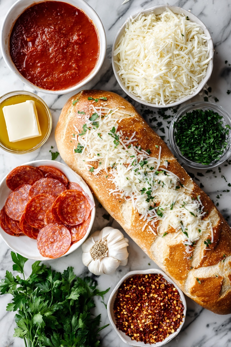 Flat lay of minced garlic cloves, softened salted butter, chopped fresh parsley, a long loaf of French bread with a soft crust, vibrant red pizza sauce, shredded low-moisture mozzarella cheese, thinly sliced pepperoni, and grated Parmesan cheese, all beautifully arranged with a sprinkle of red pepper flakes and fresh parsley leaves, placed on a white marble surface, photo taken with an iphone --ar 2:3 --v 7