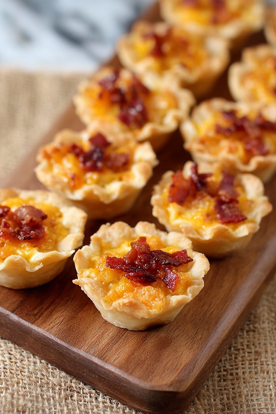 The image shows small tartlets placed on a wooden board. Each tartlet has a thin, slightly golden crust forming a scalloped edge layer, filled with melted yellow cheese as the middle layer. The top layer has small pieces of crispy reddish-brown bacon and bits of green herbs scattered across. The board is on a white marbled surface. Photo taken with an iphone --ar 2:3 --v 7