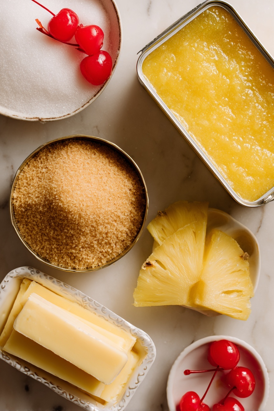 Flat lay of two opened cans of crushed pineapple with juice spilling slightly, a bright yellow box of dry yellow cake mix with some cake mix spilled artistically beside it, a neat pile of rich brown sugar crystals glistening under soft light, several thick slices of golden unsalted butter arranged in a row, and a few fresh maraschino cherries adding a pop of red color, all beautifully arranged on a white marble surface, photo taken with an iphone --ar 2:3 --v 7