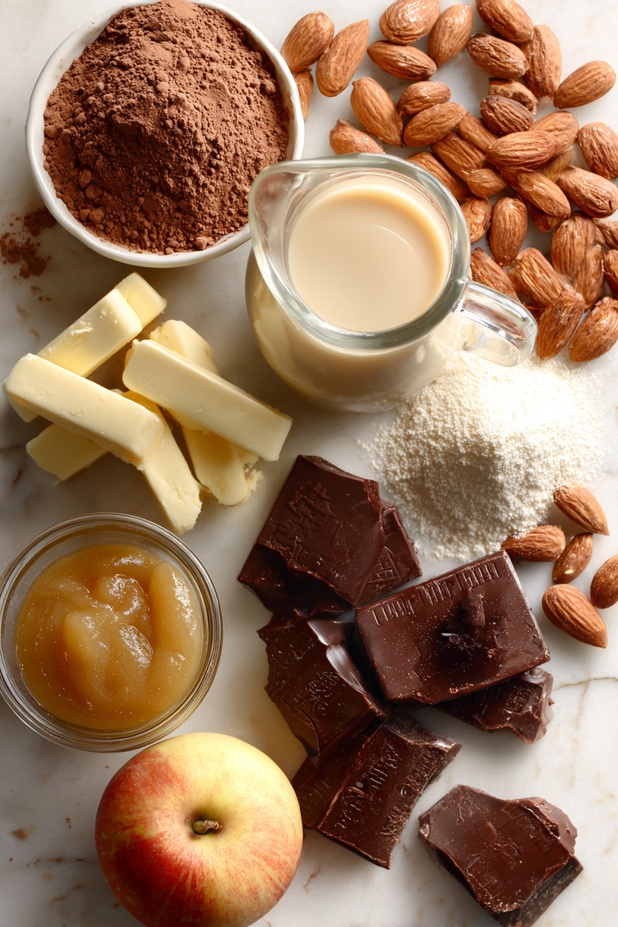 Flat lay of rich cocoa powder piled in a small heap, velvety vegan butter sticks softened and sliced, mounds of powdered sugar, creamy unsweetened soy milk in a glass jug, glossy golden applesauce dollops, smooth vanilla extract bottle with a few drops spilled, plump raw almonds scattered for texture, and dark chocolate chunks artistically placed, all arranged beautifully on a white marble surface, photo taken with an iphone --ar 2:3 --v 7