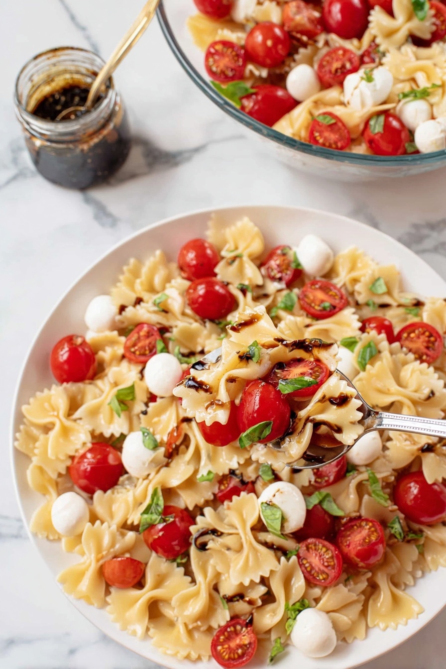 This image shows a close-up of a pasta salad featuring three main layers. The bottom layer is made of bowtie pasta with a light yellow color and a smooth texture. On top of the pasta, there are halved bright red cherry tomatoes scattered evenly. Small white mozzarella balls are mixed throughout, adding a soft and round shape. Fresh green basil pieces, thinly sliced, are spread across the salad, adding a pop of color and texture. A silver spoon is holding some pasta, a cherry tomato, and mozzarella, placed near the center of the image. The dish is set against a white marbled background. Photo taken with an iphone --ar 2:3 --v 7