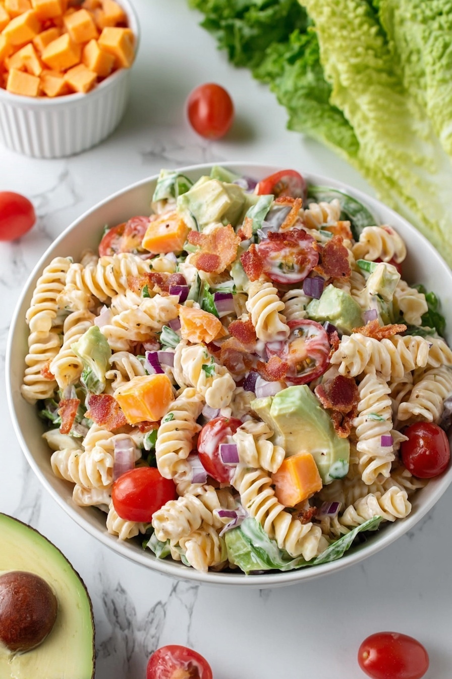 A close-up view of a white bowl filled with a pasta salad. The salad has three main layers: a base layer of off-white spiral pasta, scattered throughout with small chunks of orange cheese, green lettuce leaves, and bits of crispy brown bacon. On top, there are halved bright red cherry tomatoes and small pieces of purple onion mixed in. The salad is lightly dressed, giving a shiny, slightly creamy look to the pasta. The background shows a white marbled surface and blurred green herbs. Photo taken with an iphone --ar 2:3 --v 7
