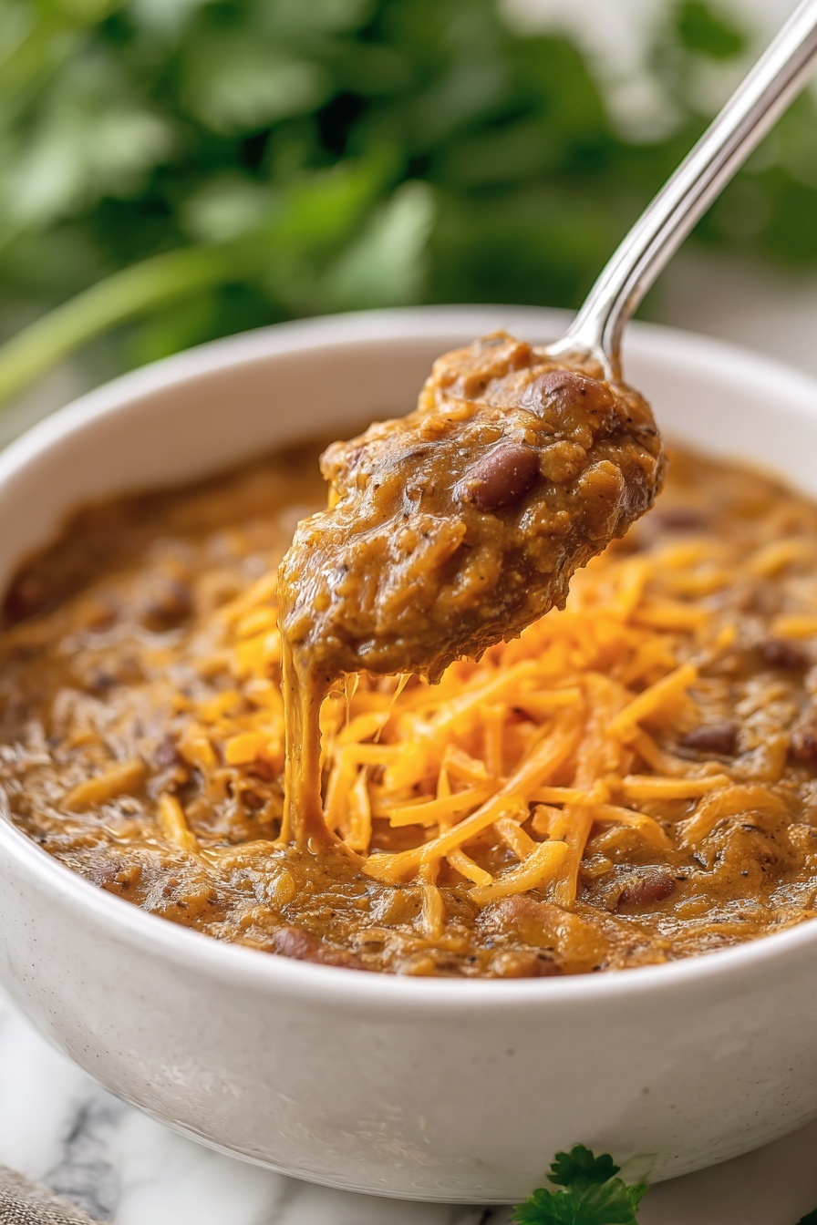 A white bowl filled with two main layers: the bottom layer is creamy brown refried beans with a thick texture, and the top layer is melted bright yellow shredded cheese, mostly covering one half of the beans. Two metal spoons are stuck together in the middle of the bowl, partially sinking into the beans. The bowl is placed on a white marbled surface, and some blurred green cilantro leaves are visible in the background. Photo taken with an iphone --ar 2:3 --v 7