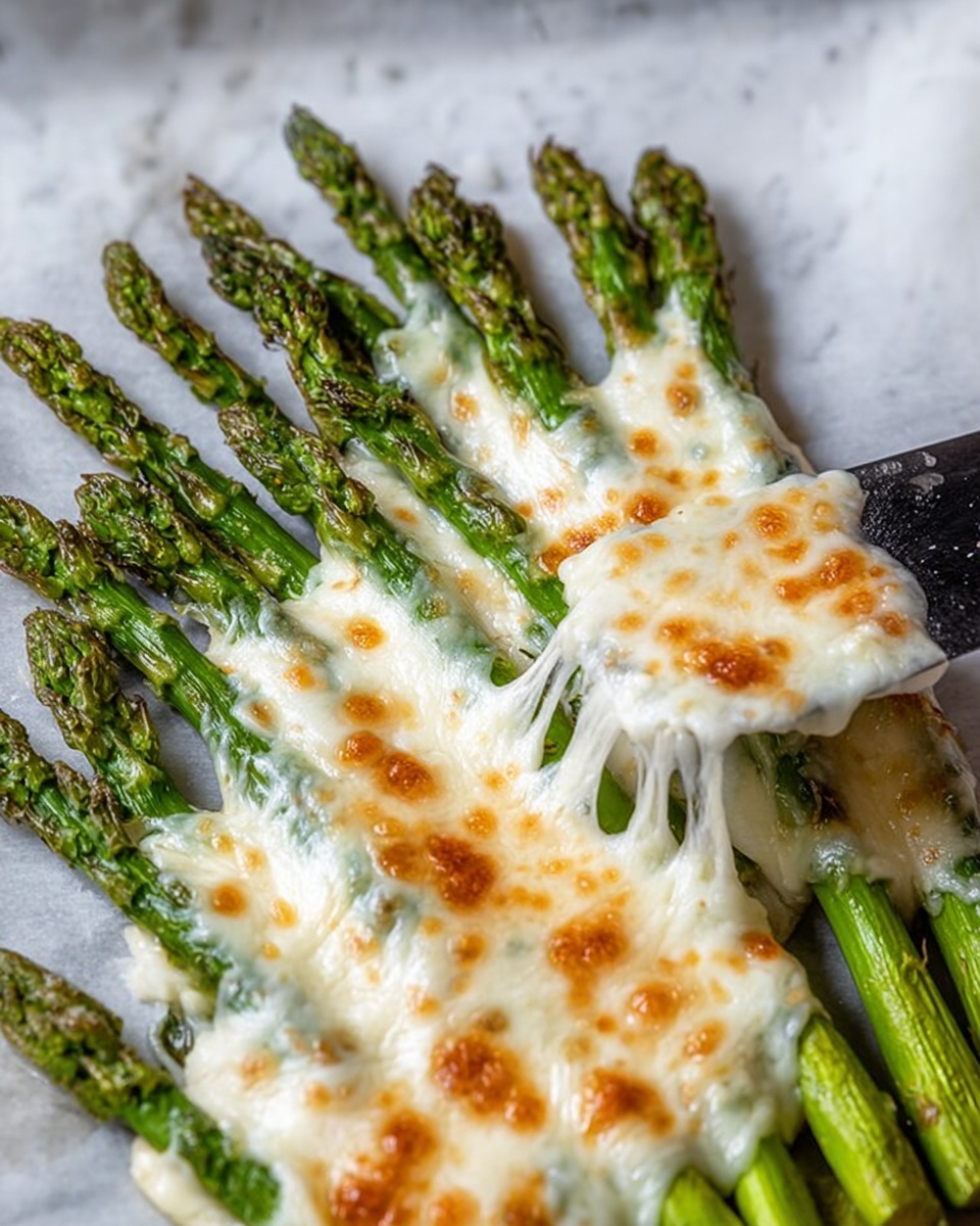 The image shows bright green asparagus spears in one layer, laid side by side on a white marbled surface. The asparagus is covered in melted white cheese with golden brown spots scattered unevenly across the top. The cheese is bubbling and stretchy, with strands lifting off as a black spatula lifts some asparagus. The texture of the asparagus is smooth and fresh, contrasting with the creamy, slightly browned, and stringy cheese. Photo taken with an iphone --ar 2:3 --v 7