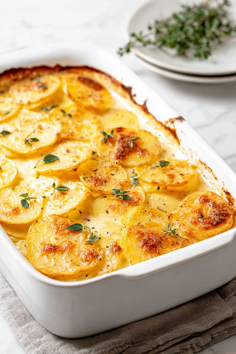 This close-up image shows a creamy potato dish with one main layer of thin, round potato slices, each cooked to a golden brown with slightly crispy edges and browned spots on top. The potato slices lay mostly flat and overlap slightly, sitting in a thick, smooth, pale yellow sauce with a creamy texture. Small green herb leaves are scattered on top, adding a bit of fresh color that contrasts with the warm tones of the potatoes and sauce. The overall look is rich and hearty, with the sauce filling the spaces between the potatoes, all set on a white marbled surface. photo taken with an iphone --ar 2:3 --v 7