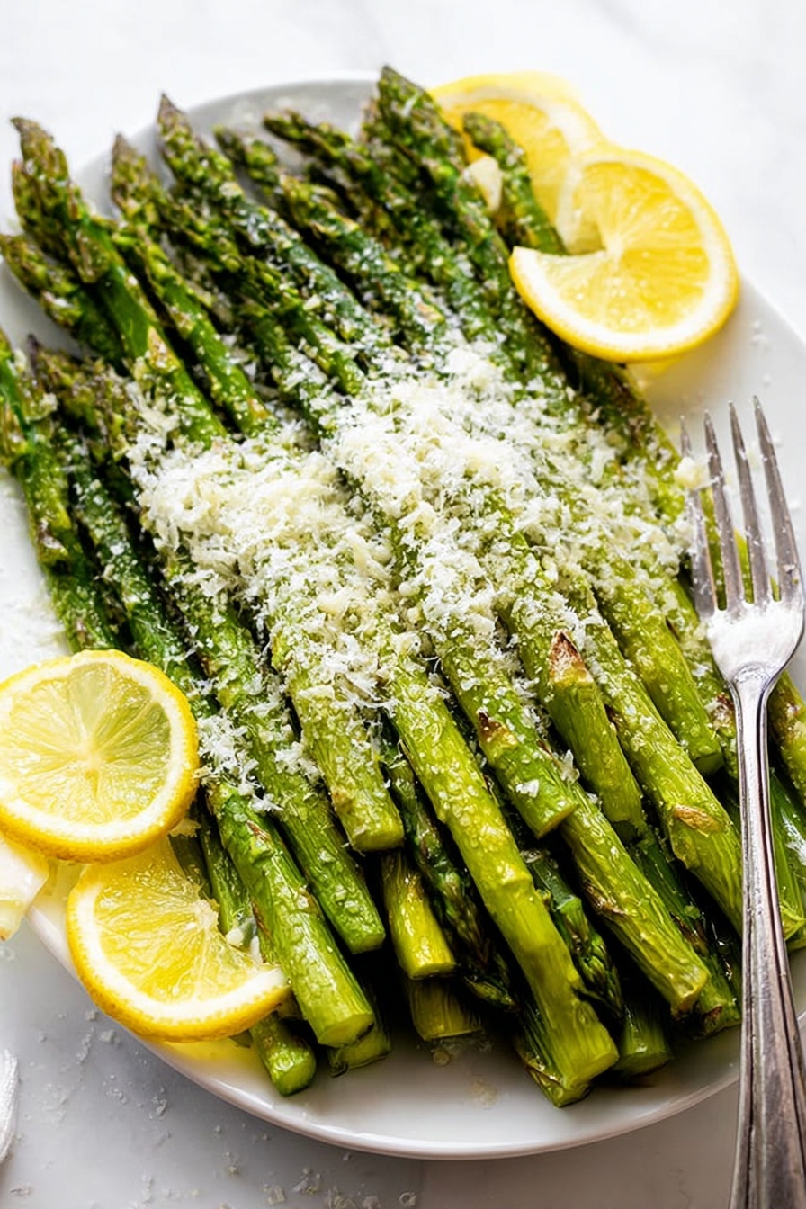 A white plate is filled with many green asparagus stalks stacked in a neat pile, each stalk showing a slightly grilled texture with some char marks. On top of the asparagus, there is a layer of finely grated white cheese evenly spread, adding a light snowy texture. Around the pile, there are three lemon slices placed on the plate: one slice rests at the middle top and two at the bottom right corner, their bright yellow color contrasting with the green asparagus. A silver fork is placed to the right side of the plate, partially touching the asparagus. The plate sits on a white marbled surface. Photo taken with an iphone --ar 2:3 --v 7