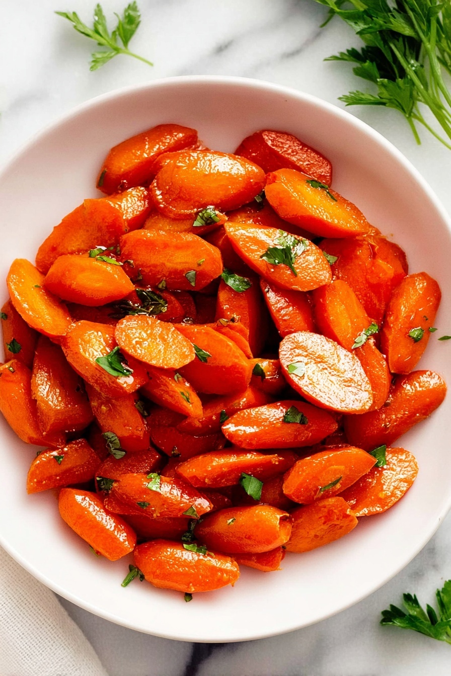 A white bowl filled with two layers of cooked carrots, each carrot piece cut on a slight angle showing a bright orange color with a glistening texture that looks like it is coated in a light sauce or seasoning, small green parsley leaves scattered across the top adding a fresh contrast. The background is a white marbled surface with a few sprigs of parsley visible in the top right corner. photo taken with an iphone --ar 2:3 --v 7