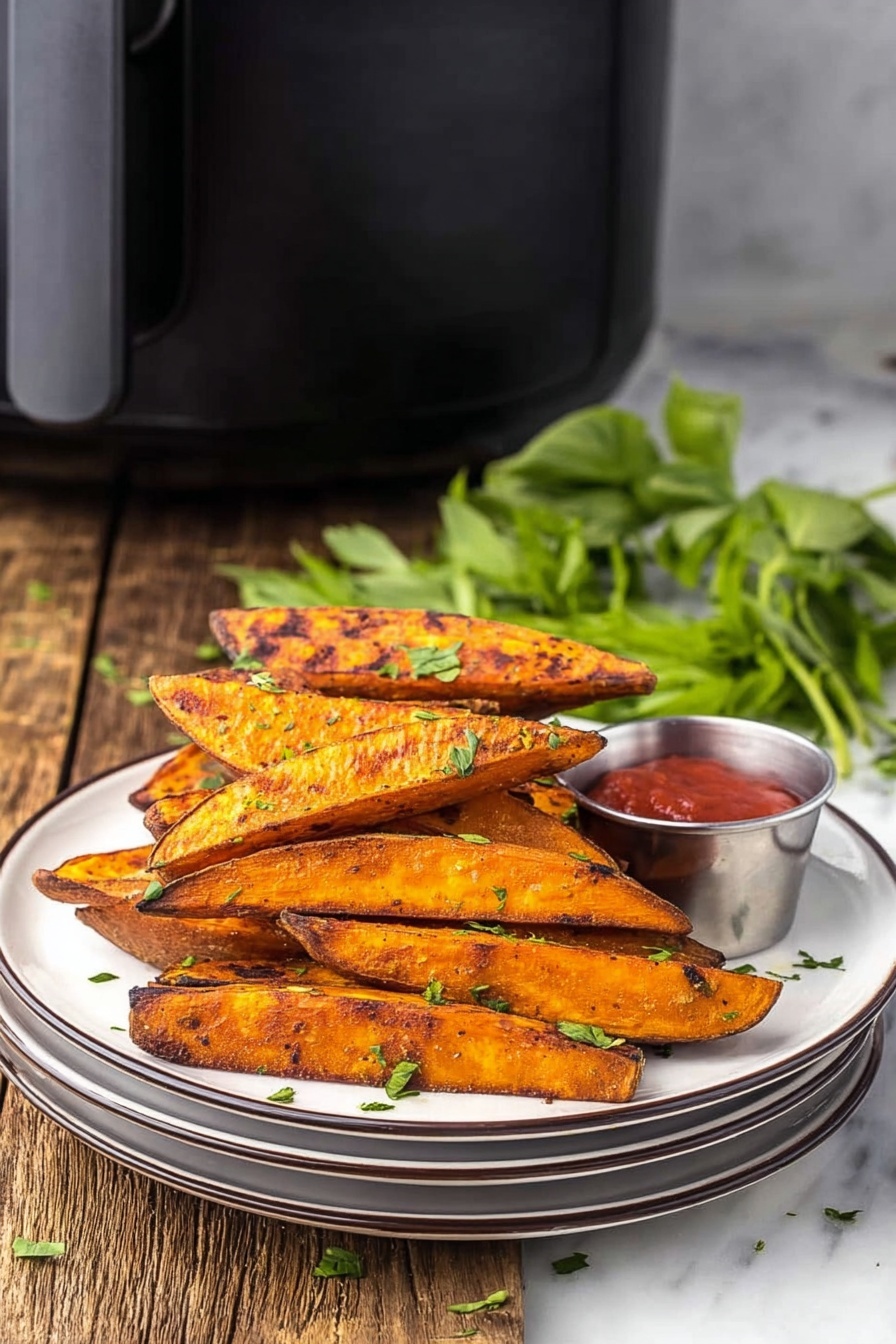A close-up image showing a woman's hand with red nail polish holding a long, thin, crispy crispy sweet potato fry lightly sprinkled with green herbs, being dipped into a small silver metal cup filled with bright red ketchup; in the background, a white plate holds more crispy sweet potato fries garnished with green herbs, all set on a wooden surface with some scattered herb pieces. Photo taken with an iphone --ar 2:3 --v 7