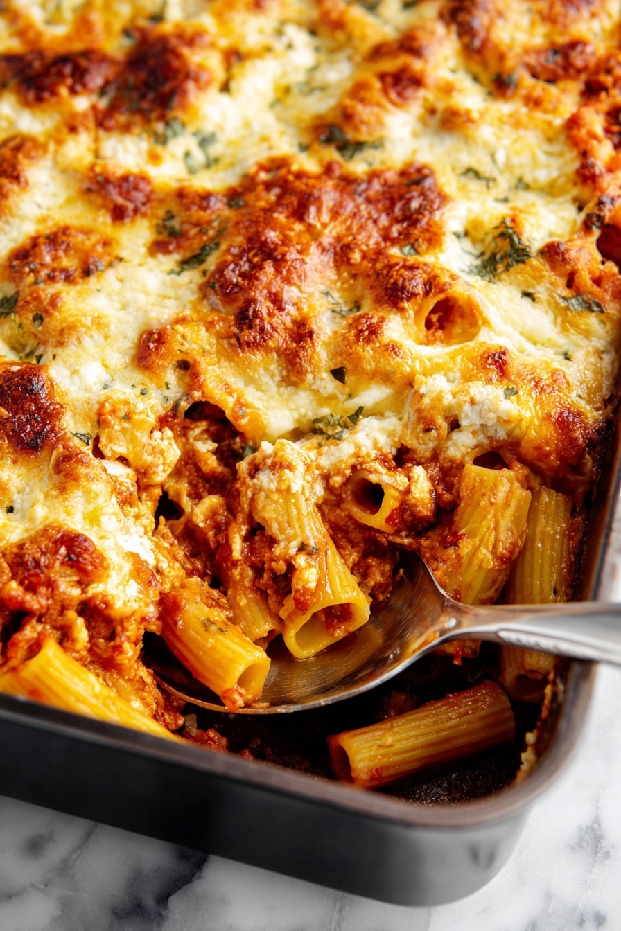 This close-up image shows a baked pasta dish in a dark baking pan on a white marbled surface. The top layer is golden melted cheese with browned spots and patches of sauce peeking through. Underneath is a thick layer of tubular pasta coated with red tomato sauce, mixed with bits of herbs and creamy white cheese. A large metal spoon scoops a portion from one corner, revealing the layered textures of pasta, sauce, and cheese layered throughout the dish. photo taken with an iphone --ar 2:3 --v 7