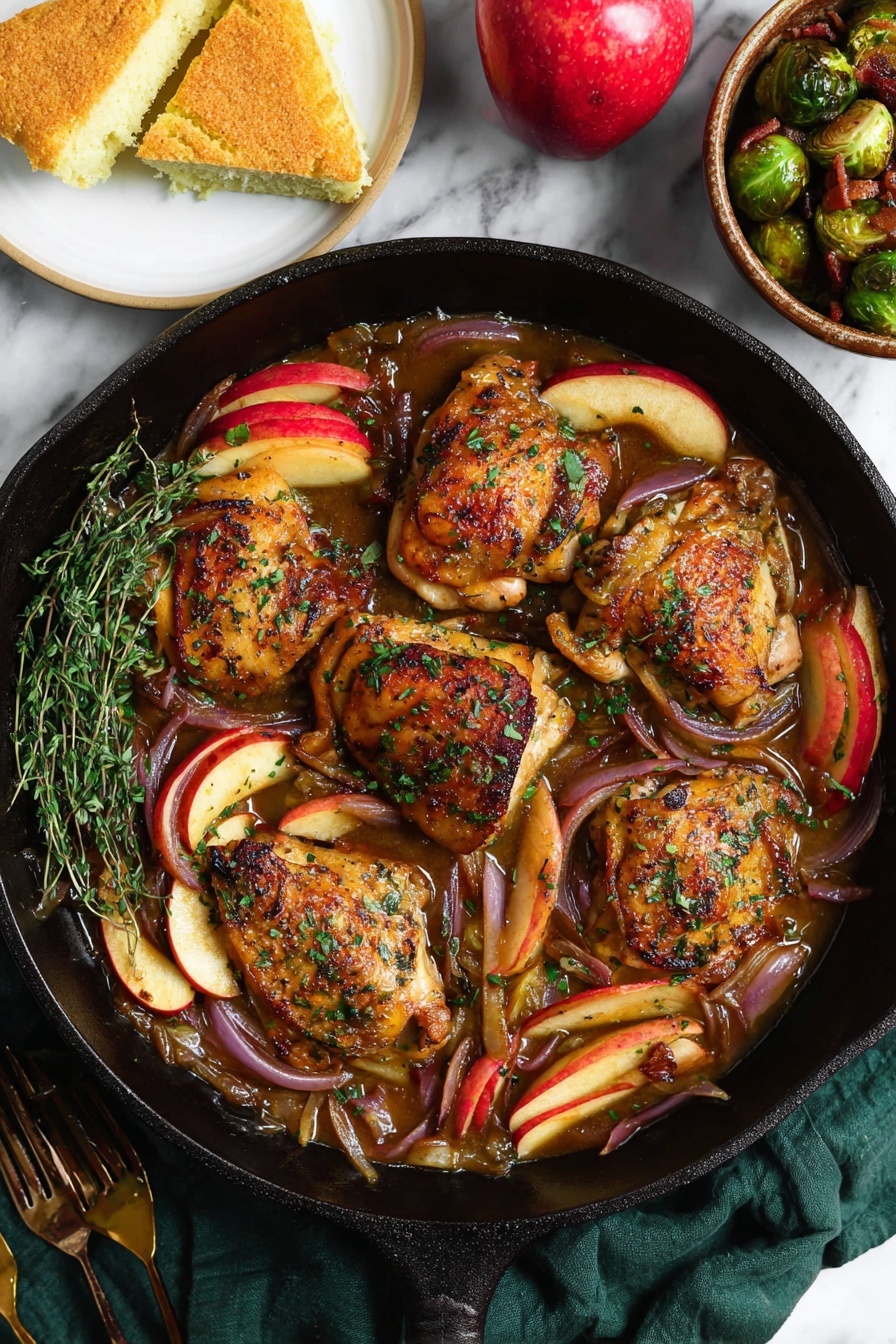 A black cast iron pan holds six browned chicken thighs on the bottom layer, each piece garnished with small green herb flakes and glistening with a light sauce. Scattered on top and around the chicken are thin slices of red-skinned apples and red onion slices adding a mix of red and light brown colors with a soft texture. A small bunch of fresh green herbs sits on one side inside the pan. The pan is placed on a dark green cloth on a white marbled surface. Nearby, a white plate holds three large wedges of golden brown cornbread with a grainy texture. Two red apples rest on the white marbled surface near the pan. A wooden bowl filled with green Brussels sprouts mixed with bits of brown bacon is also visible on the surface. Two wooden spoons sit next to the pan. Photo taken with an iphone --ar 2:3 --v 7