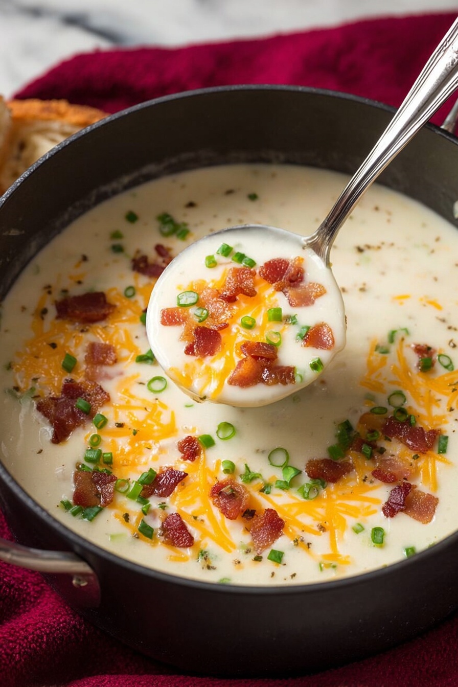 A close-up of a thick, creamy white soup in a black pot, topped with small pieces of crispy reddish-brown bacon, thin rings of bright green onions, and shredded orange cheddar cheese scattered throughout the surface. A metal ladle lifts a portion of the soup showing its creamy texture mixed with the bacon, cheese, and onions. The pot sits on a white marbled surface with a deep red cloth partially visible underneath, enhancing the warm and inviting feel of the scene. photo taken with an iphone --ar 2:3 --v 7