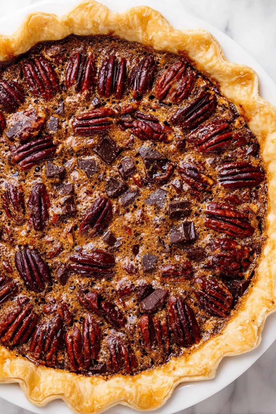 A pecan pie shown from above with a thick, golden brown crust that is crimped around the edges on a white plate. The filling is dark brown with a shiny, slightly bumpy texture and is dotted with large, whole pecan halves that are a rich reddish-brown color and arranged evenly across the surface. There are pieces of dark chocolate chunks mixed into the filling, adding a textured look. The background is a white marbled surface. photo taken with an iphone --ar 2:3 --v 7