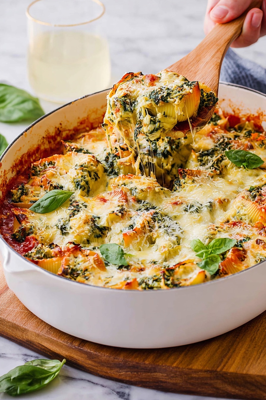 The image shows a white casserole dish filled with a layered baked dish. The bottom layer is a thick red tomato sauce visible around the edges, topped with a layer of melted white and light orange cheese with a stretchy texture. Above this is a layer of green spinach and shredded orange vegetables mixed into a creamy yellow mixture, creating small mounded portions spread evenly around the dish. Fresh green basil leaves are scattered on top. A woman's hand holding a wooden spoon is lifting one portion, causing the cheese to stretch and pull away from the dish. The casserole dish sits on a wooden board against a white marbled surface background. Photo taken with an iphone --ar 2:3 --v 7