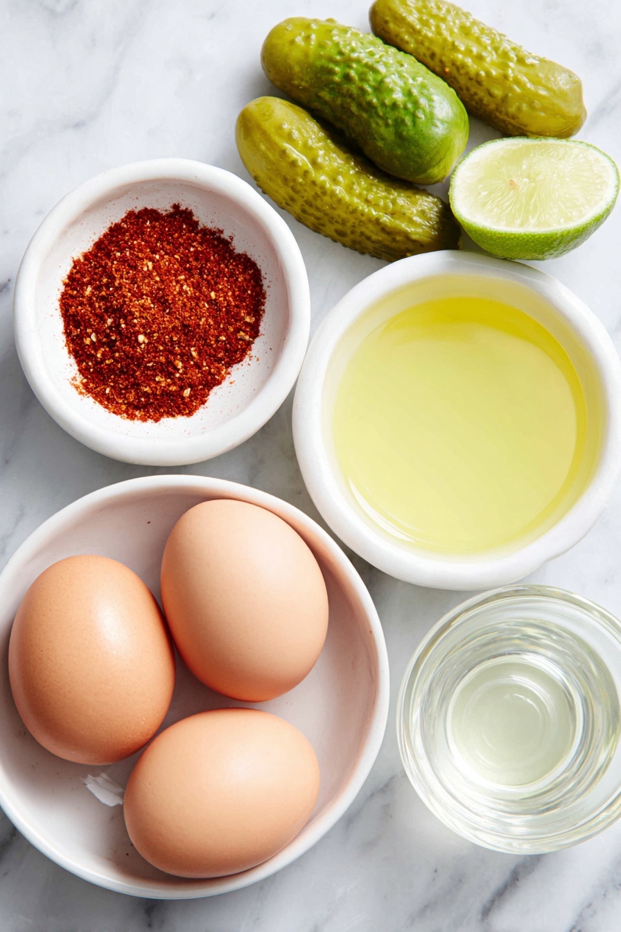 Flat lay of a small mound of vibrant red Tajin seasoning on a simple white ceramic plate, a wedge of fresh lime with bright green skin and juicy pulp, a cluster of small fresh mini dill pickles with bumpy green skin, and three whole uncracked brown eggs placed nearby—additionally, four small white ceramic bowls containing clear sparkling water, golden amber hot honey, deep golden tequila, and light amber Cointreau, all items arranged symmetrically with perfect balance, placed on a clean white marble surface, soft natural light, photo taken with an iPhone, professional food photography style, fresh ingredients, white ceramic bowls, no bottles, no duplicates, no utensils, no packaging --ar 2:3 --v 7 --p m7354615311229779997