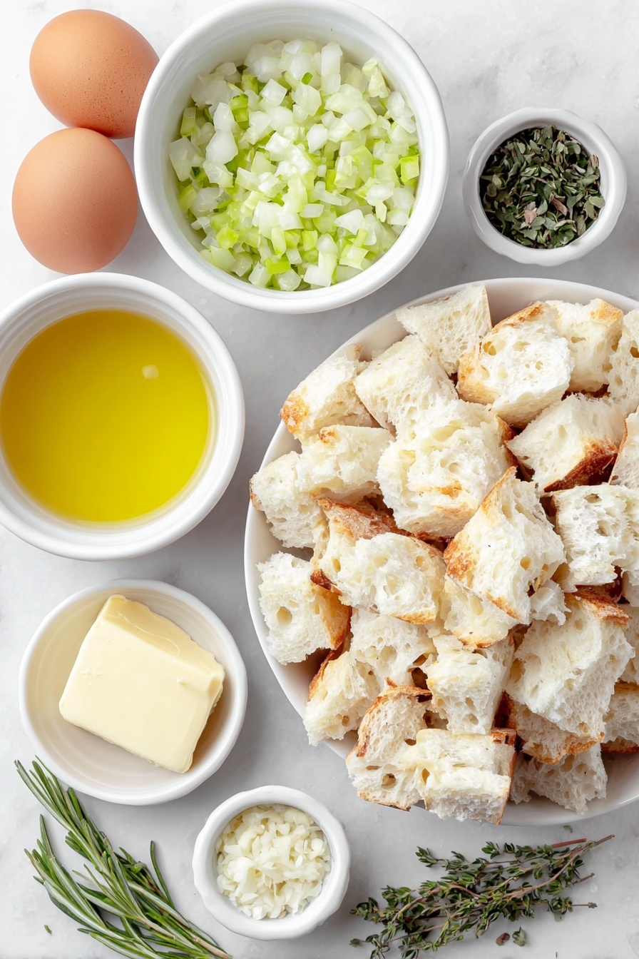Flat lay of a generous pile of rustic sourdough and Italian bread cubes, a small white ceramic bowl filled with golden unsalted butter, a white ceramic bowl overflowing with diced sweet onions, a white bowl containing bright green diced celery, a small white bowl with minced garlic cloves, three neat piles of freshly chopped sage, parsley, and rosemary leaves, a small white bowl holding light golden chicken stock, and two whole brown eggs with clean shells, a few sprigs of mixed fresh herbs scattered nearby, all arranged with perfect symmetry on a clean white marble surface, soft natural light, photo taken with an iPhone, professional food photography style, fresh ingredients, white ceramic bowls, no bottles, no duplicates, no utensils, no packaging --ar 2:3 --v 7 --p m7354615311229779997